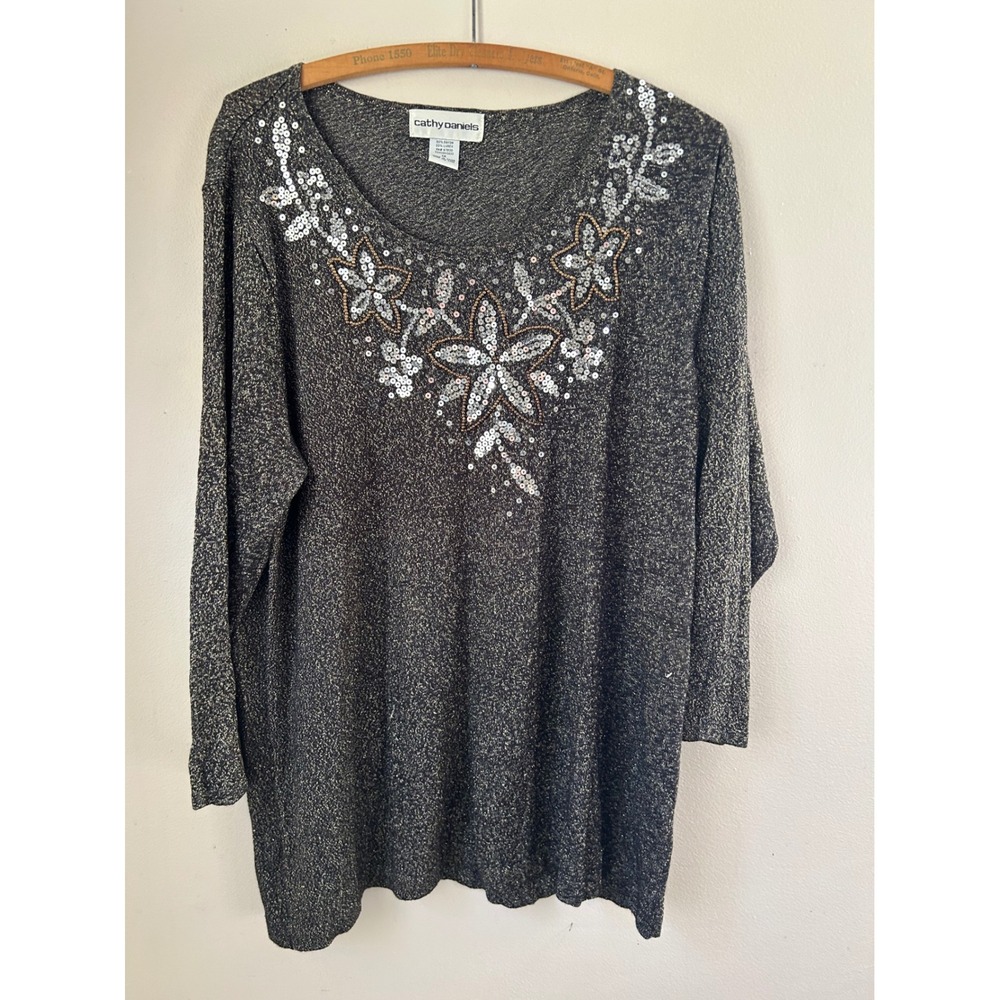 Cathy Daniels Women's Plus1X Sequin Beaded Embellished Long Sleeve Top